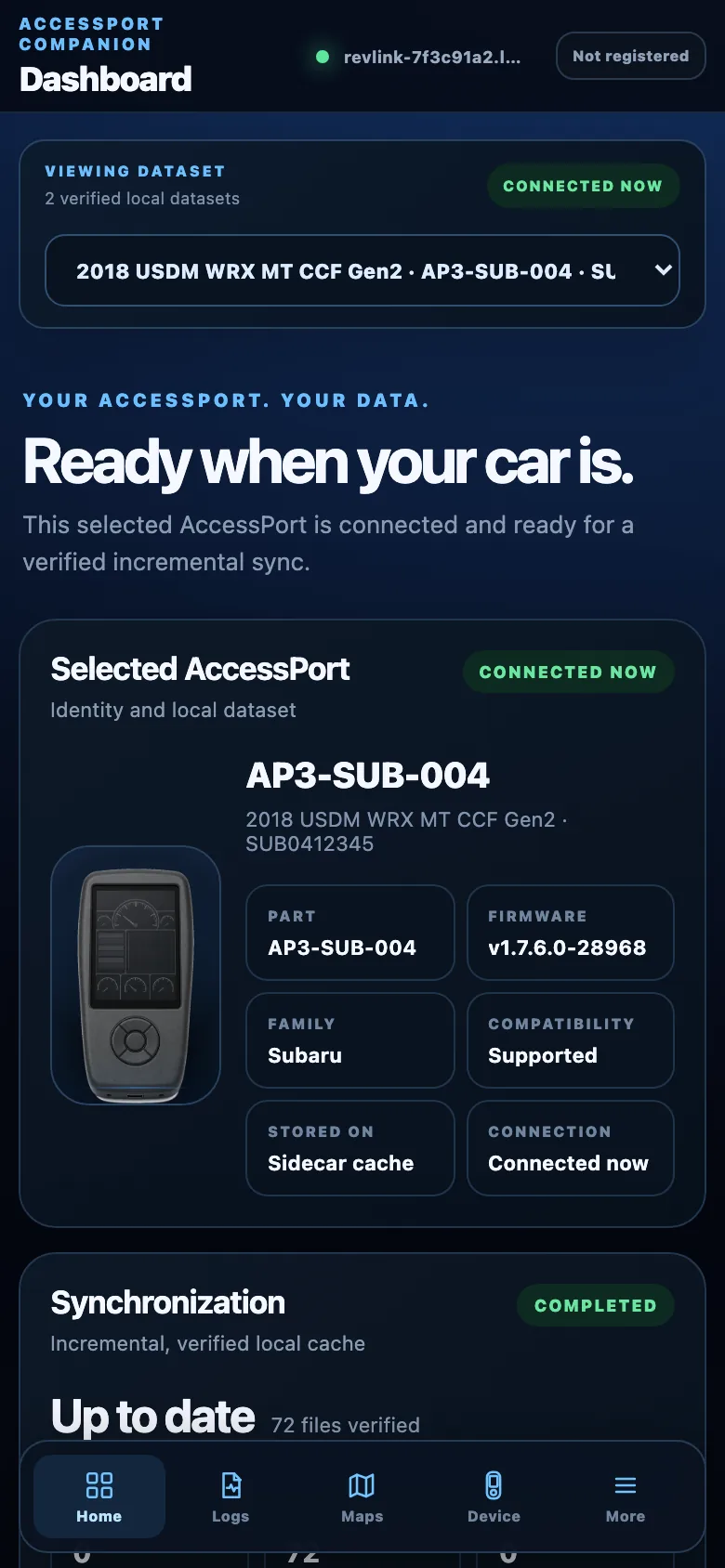 Dashboard showing the connected AccessPort, its part number, vehicle and firmware, and a completed synchronization of 72 verified files.