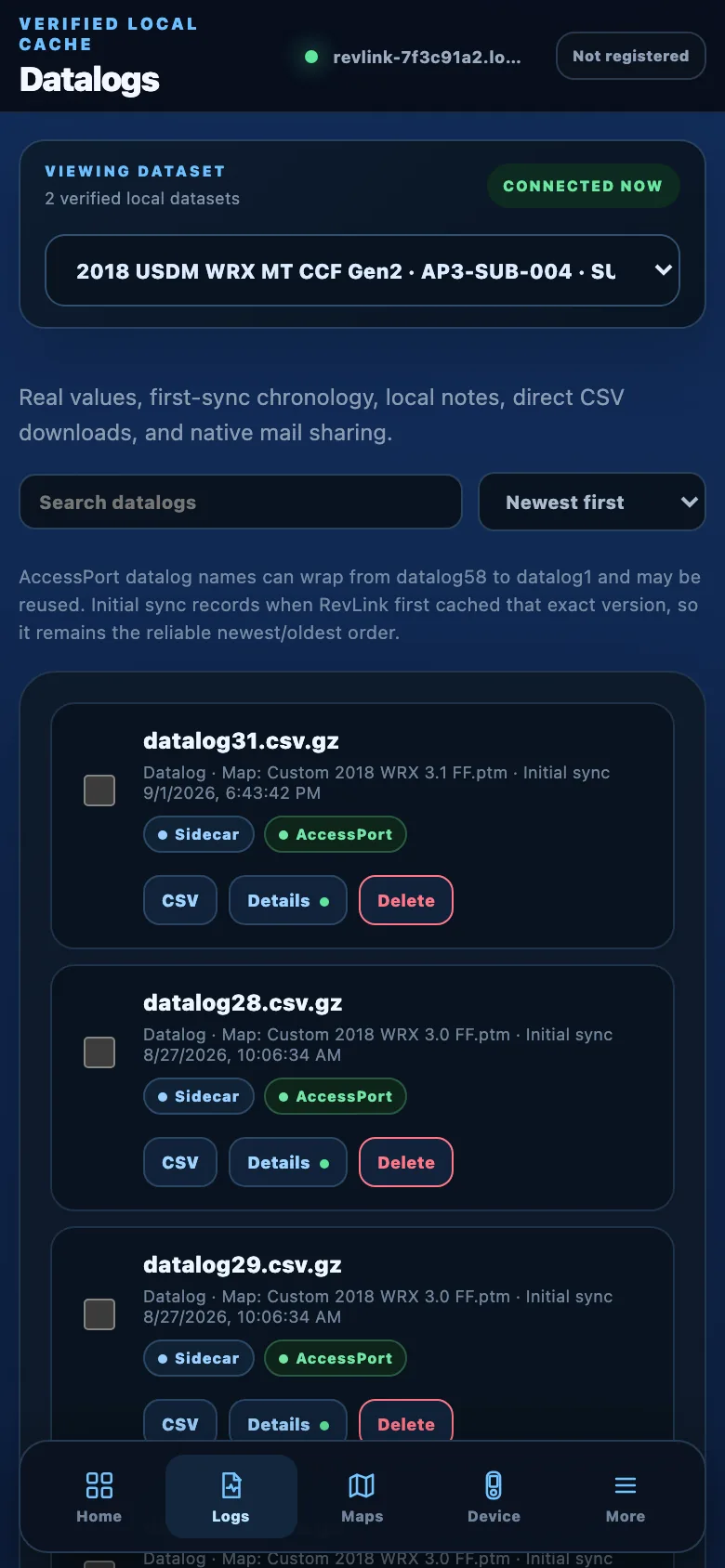 Datalog list, each row badged Sidecar and AccessPort, showing which map each log was recorded on, with CSV, Details and Delete buttons.