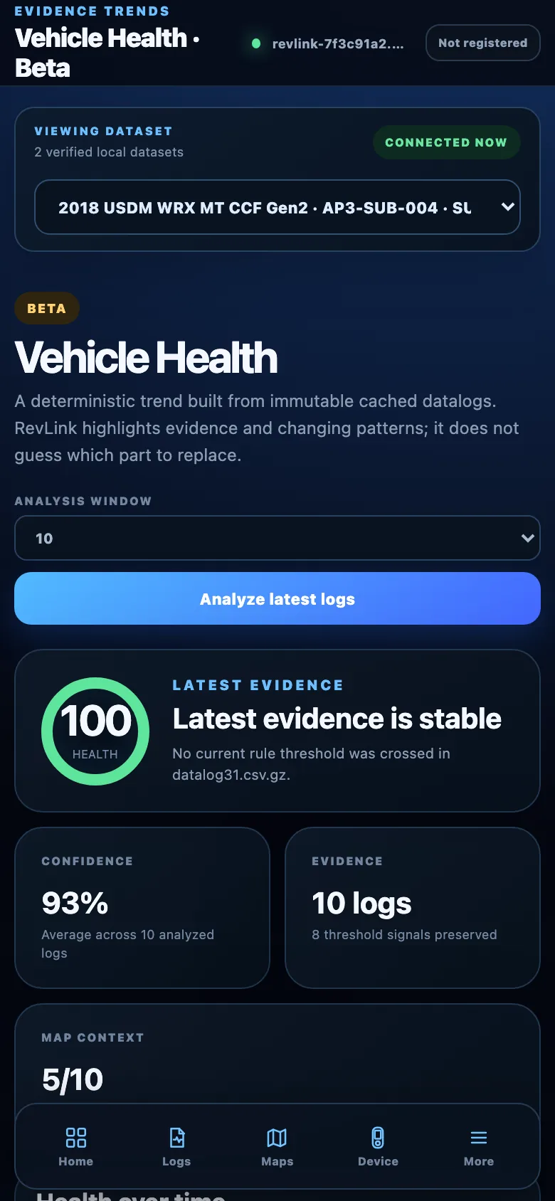 Vehicle Health showing a health score of 100, 93 percent confidence across 10 analyzed logs, and 8 preserved threshold signals.