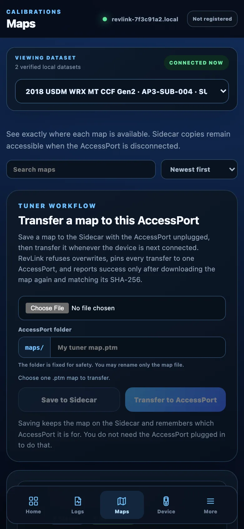 Maps tab with a tuner workflow card: choose a .ptm file, save it to the Sidecar, or transfer it to the connected AccessPort.